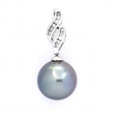 14K Solid White Gold Pendant + 11 Diamonds and 1 Tahitian Pearl Round B/C 13 mm