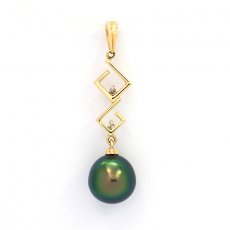 14K solid Gold Pendant + 2 Diamonds 0.02 carats VS1 and 1 Tahitian Pearl Semi-Baroque B+ 9.8 mm