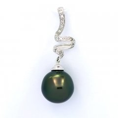14K solid White Gold Pendant + 13 Diamonds and 1 Tahitian Pearl Semi-Baroque B 11.8 mm