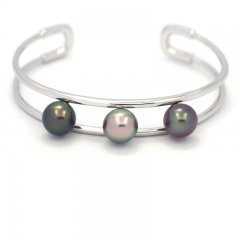Rhodiated Sterling Silver Bracelet and 3 Tahitian Pearls Semi-Round B 9.1 to 9.4 mm
