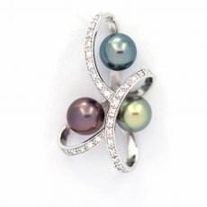 Rhodiated Sterling Silver Pendant and 3 Tahitian Pearls Round C 8.1 mm
