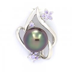 Rhodiated Sterling Silver Pendant and 1 Tahitian Pearl Near-Round C 9.6 mm