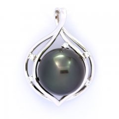 Rhodiated Sterling Silver Pendant and 1 Tahitian Pearl Round C 12.6 mm