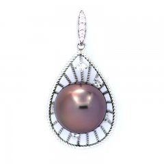 Rhodiated Sterling Silver Pendant and 1 Tahitian Pearl Near-Round C 12 mm