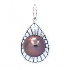 Rhodiated Sterling Silver Pendant and 1 Tahitian Pearl Near-Round C 12 mm