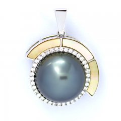 Rhodiated Sterling Silver Pendant and 1 Tahitian Pearl Round C 12.6 mm