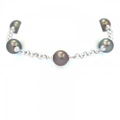 Rhodiated Sterling Silver Bracelet and 5 Tahitian Pearls Round C  9 to 9.1 mm