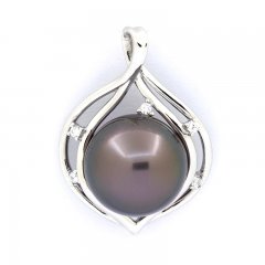 Rhodiated Sterling Silver Pendant and 1 Tahitian Pearl Round C 12.7 mm