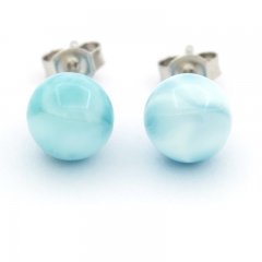 Rhodiated Sterling Silver Earrings and 2 Larimars - 8.2 mm - 1.7 gr