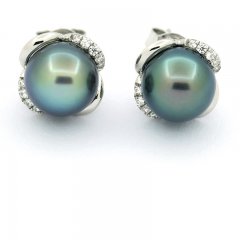 Rhodiated Sterling Silver Earrings and 2 Tahitian Pearls Round C 8.3 mm