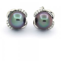 Rhodiated Sterling Silver Earrings and 2 Tahitian Pearls Round C 8.2 mm