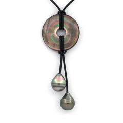 Leather Necklace and 2 Tahitian Pearls Ringed C 11.7 mm