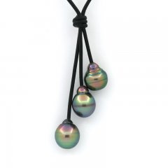 Leather Necklace and 3 Tahitian Pearls Ringed B 10 to 10.5 mm