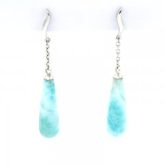 Rhodiated Sterling Silver Earrings and 2 Larimars - 22 x 7 mm - 3.9 gr
