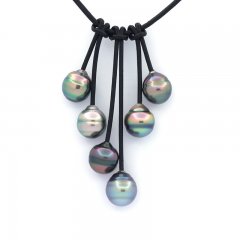 Leather Necklace and 6 Tahitian Pearls Ringed B/C 10 to 10.5 mm