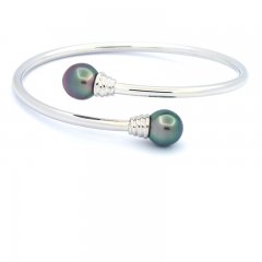 Rhodiated Sterling Silver Bracelet and 2 Tahitian Pearls Semi-Baroque B 9.5 mm