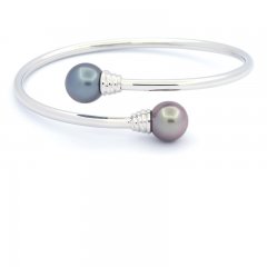 Rhodiated Sterling Silver Bracelet and 2 Tahitian Pearls Round C 10.3 mm