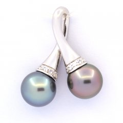 Rhodiated Sterling Silver Pendant and 2 Tahitian Pearls Round B/C 8.8 mm