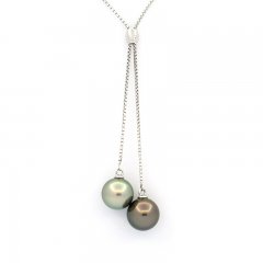Rhodiated Sterling Silver Necklace and 2 Tahitian Pearls Round B/C 8.7 and 8.9 mm