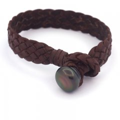 Leather Bracelet and 1 Tahitian Pearl Ringed B 13.5 mm