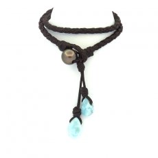 Leather Bracelet, 2 Larimar and 1 Tahitian Pearl Round C 9.7 mm