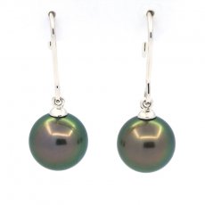 18K solid Gold Earrings and 2 Tahitian Pearls Round B 9.3 mm