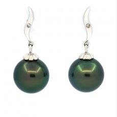 18K Solid Gold Earrings + 2 diamonds and 2 Tahitian Pearls Round A & AB 10.2 mm