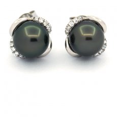Rhodiated Sterling Silver Earrings and 2 Tahitian Pearls Round C 8.1 mm