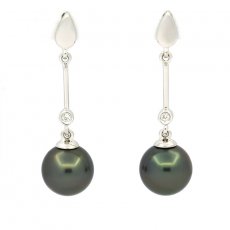 Rhodiated Sterling Silver Earrings and 2 Tahitian Pearls Round C 8.6 mm
