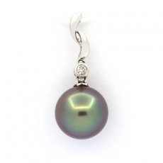 14K solid White Gold Pendant + 1 diamond and 1 Tahitian Pearl Round A 9.2 mm