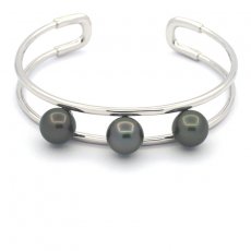 Rhodiated Sterling Silver Bracelet and 3 Tahitian Pearls Round C 9.1 to 9.2 mm