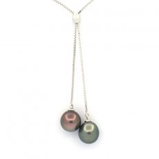 Rhodiated Sterling Silver Necklace and 2 Tahitian Pearls Semi-Baroque B 8.7 mm