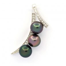 Rhodiated Sterling Silver Pendant and 3 Tahitian Pearls Round C 8.1 to 8.2 mm