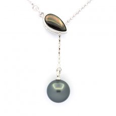 Rhodiated Sterling Silver Necklace and 1 Tahitian Pearl Round B 8.7 mm