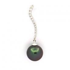 14K Solid White Gold + 13 diamonds and 1 Tahitian Pearl Round B 10 mm