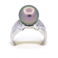 Rhodiated Sterling Silver Ring and 1 Tahitian Pearl Round C+ 11.5 mm