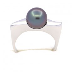 Rhodiated Sterling Silver Ring and 1 Tahitian Pearl Round B 9.3 mm