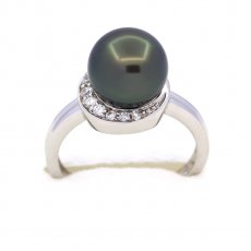 Rhodiated Sterling Silver Ring and 1 Tahitian Pearl Round B 9.5 mm