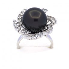 Rhodiated Sterling Silver Ring and 1 Tahitian Pearl Round C 14 mm