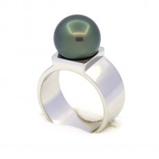 Rhodiated Sterling Silver Ring and 1 Tahitian Pearl Round B 10.9 mm