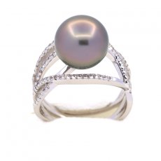 Rhodiated Sterling Silver Ring and 1 Tahitian Pearl Round C 10.9 mm