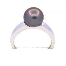 Rhodiated Sterling Silver Ring and 1 Tahitian Pearl Round B 9.3 mm
