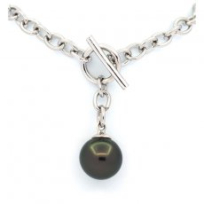 Rhodiated Sterling Silver Bracelet and 1 Tahitian Pearl Round B/C 10.5 mm