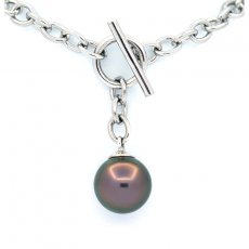 Rhodiated Sterling Silver Bracelet and 1 Tahitian Pearl Round C 10.7 mm