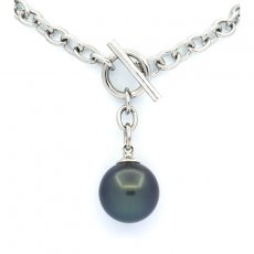 Rhodiated Sterling Silver Bracelet and 1 Tahitian Pearl Near-Round C 10.7 mm