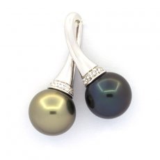 Rhodiated Sterling Silver Pendant and 2 Tahitian Pearls Round C 10.2 mm