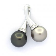 Rhodiated Sterling Silver Pendant and 2 Tahitian Pearls Round C 10 mm