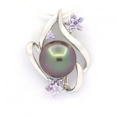 Rhodiated Sterling Silver Pendant and 1 Tahitian Pearl Round C 9.3 mm