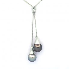 Rhodiated Sterling Silver Necklace and 2 Tahitian Pearls Semi-Baroque C 12.1 mm