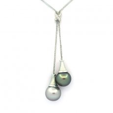 Rhodiated Sterling Silver Necklace and 2 Tahitian Pearls Semi-Baroque C 12.5 mm